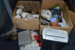 Two Boxes of Household Goods; Shredder, Lamps, Owl