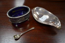 Silver Leaf Dish and Silver Salt with Blue Glass L