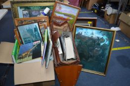 Framed Pictures, Prints, Briefcase, Magazine Rack,