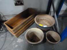 Two Terracotta and Three Glazed Planters