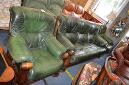 Three Piece Green Leather Suite; Three Seat Sofa a