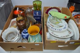 Two Boxes of Pottery Items; Vases, Plates, etc.