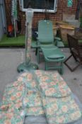 Green Plastic Garden Lounger plus to Sets of Cushi