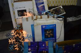 Seven Christmas Decorations; Rope Lights, Trees, e