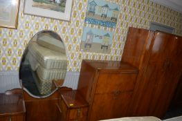 1930's Walnut Effect Bedroom Suite; Double Wardrob