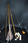 Split Cane Fishing Rod, St Andrews No.04 Golf Club, and Vintage Golf Balls