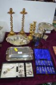 Brass Candlesticks, Plated Dishes, Cutlery, etc.