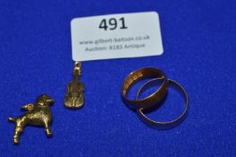 Two 9ct Gold Wedding Bands and Two 9ct Gold Charms ~7.7g total