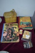 Collectibles Including Dick Barton Annual, Vintage Tin, Costume Watch Ring, and Silk Cigarette Cards