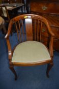 Edwardian Inlaid Mahogany Armchair with Pale Gold Velvet Upholstered on Cabriole Legs