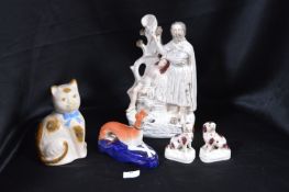 Staffordshire Flatbacks; Pair of Spaniels, Greyhound, and a Spongeware Cat