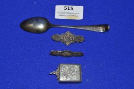 Hallmarked Sterling Silver Locket, Teaspoon, and Two Brooches ~22g total