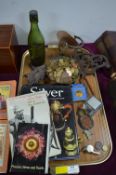 Tray Lot of Collectibles Including Coinage, Antique Books, Inkwell, etc.