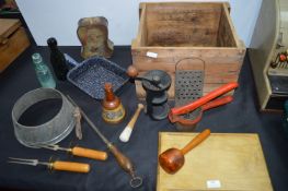 Wooden Crate and Kitchenalia Including Utensils, Biscuit Tins, etc.