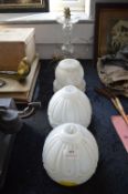 Two 1930's Glass Lampshades and Cut Glass Lamp Base Drops