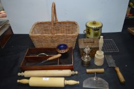 Vintage Kitchenalia Including Baskets, Herb Choppers, Rolling Pins, Biscuit Tin etc.