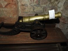 Ornamental Brass Cannon with Cast Iron Carriage ~47cm long