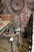 Display Including Vintage Ladies Cycle, Wood Hand Cart Cartwheel Rims, Spoked Wheels, etc.