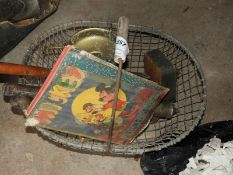 Galvanised Basket Containing Primus Stove, Fry Pans, Annuals, etc.