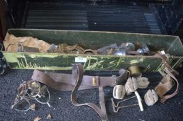 Miscellaneous Tin Containing Sam Brown Belt, Wooden Pulleys, Boot Pulls, Spurs, etc.