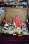 Wooden Sewing Box and Contents