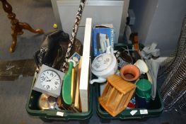 Two Tubs of Household Goods; Teapots, Alarm Cloc