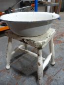Vintage Wooden Stool and an Enamel Bowl