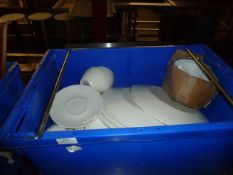 * assortment of white plates, and cups