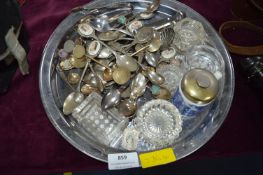 Tray Lot of Cutlery and Glass Salts, etc.