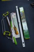 Hozelock Hanging Basket Waterer, Gardeline Aqua Broom, Two Bow Saws and Spirit Level