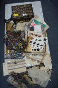 Cool Box plus a Box of Sewing Items Including Buttons, Ribbons, Lace, etc.