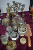 Metalware Including Pewter Teapots, Plated Candelabra, Brassware, etc.