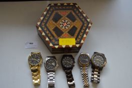 Inlaid Box Containing Assorted Wristwatches Including Geneva, Sekonda, Pulsar, etc.