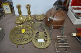 Brassware; Kettle Stands, Candlesticks, plus a Electric Copper Kettle, etc.