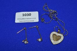 Pair of 9ct Gold Pearl Earrings and 925 Sterling Silver Heart Pendant