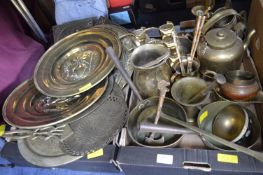 Two Boxes of Brassware, Pans, Utensils, Wall Plaques, etc.