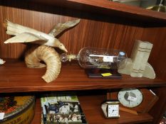 Glass Ship in a Bottle, Seagull Ornament, and Agate Bookends