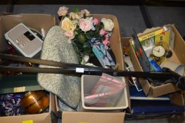 Three Boxes of Assorted Bric-a-brac, Clocks, Radio