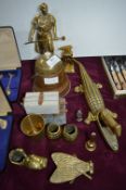 Brassware Including Crocodile Nutcracker, Blacksmith Figure, etc.