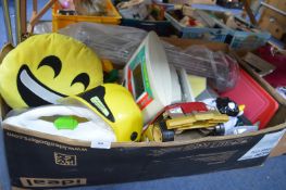 Large Box of Children's Toys, Cars, Cushions, etc.