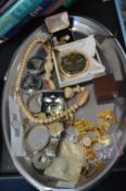 Tray Lot of Costume Jewellery; Cufflinks, Compacts, Watches, etc.