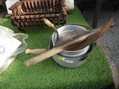 Aluminium Pans, Two Hand Scythes, Tools, etc.