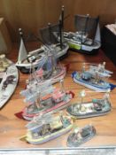 Eight Hand Carved Wooden Fishing Boats