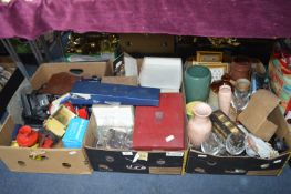 Three Boxes of Pottery, Glassware, Clocks and a Royal Worcester Carving Set, etc.