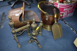 Two Copper Coal Scuttles, Brass Fire Dog, etc.