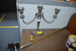Silver Plated Candelabra and a Brass Fire Poker