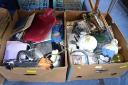 Two Boxes of Household Goods, Decorative Items, Money Boxes, Clocks, Vases, etc.