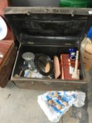 *Tin Trunk Containing Rose Bowls, Vintage Kitchenware, Sewing Box, etc.