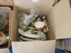 *Mixed Box of Pottery Including Continental Figurines, Cups, Saucers, Decorative Plates, etc.