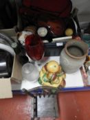 *Box Containing Miniature Violin, Nodding Churchill Dog, Candlestick, Vases, Russian Dolls, etc.